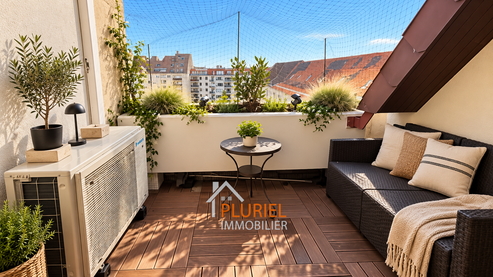 Balcon urbain ensoleillé et verdoyant