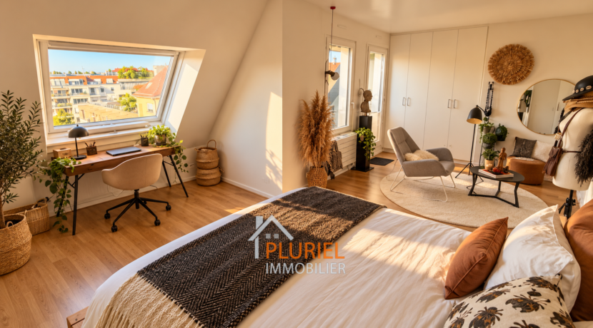 Chambre loft scandinave baignée de soleil
