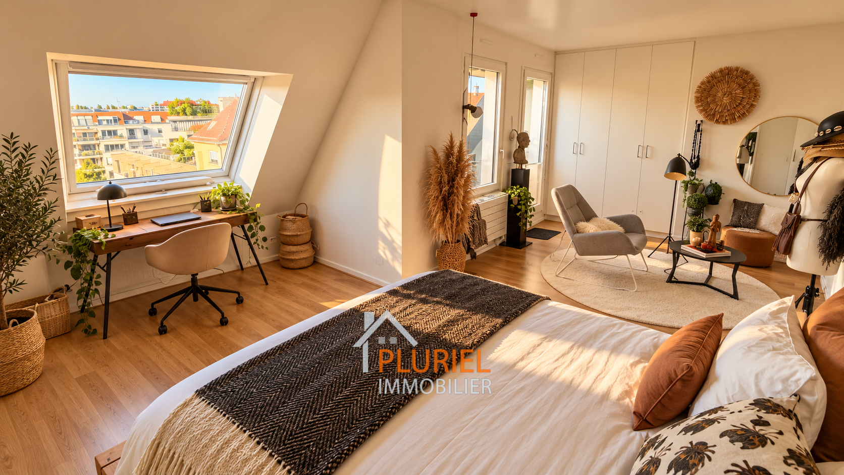 Chambre loft scandinave baignée de soleil