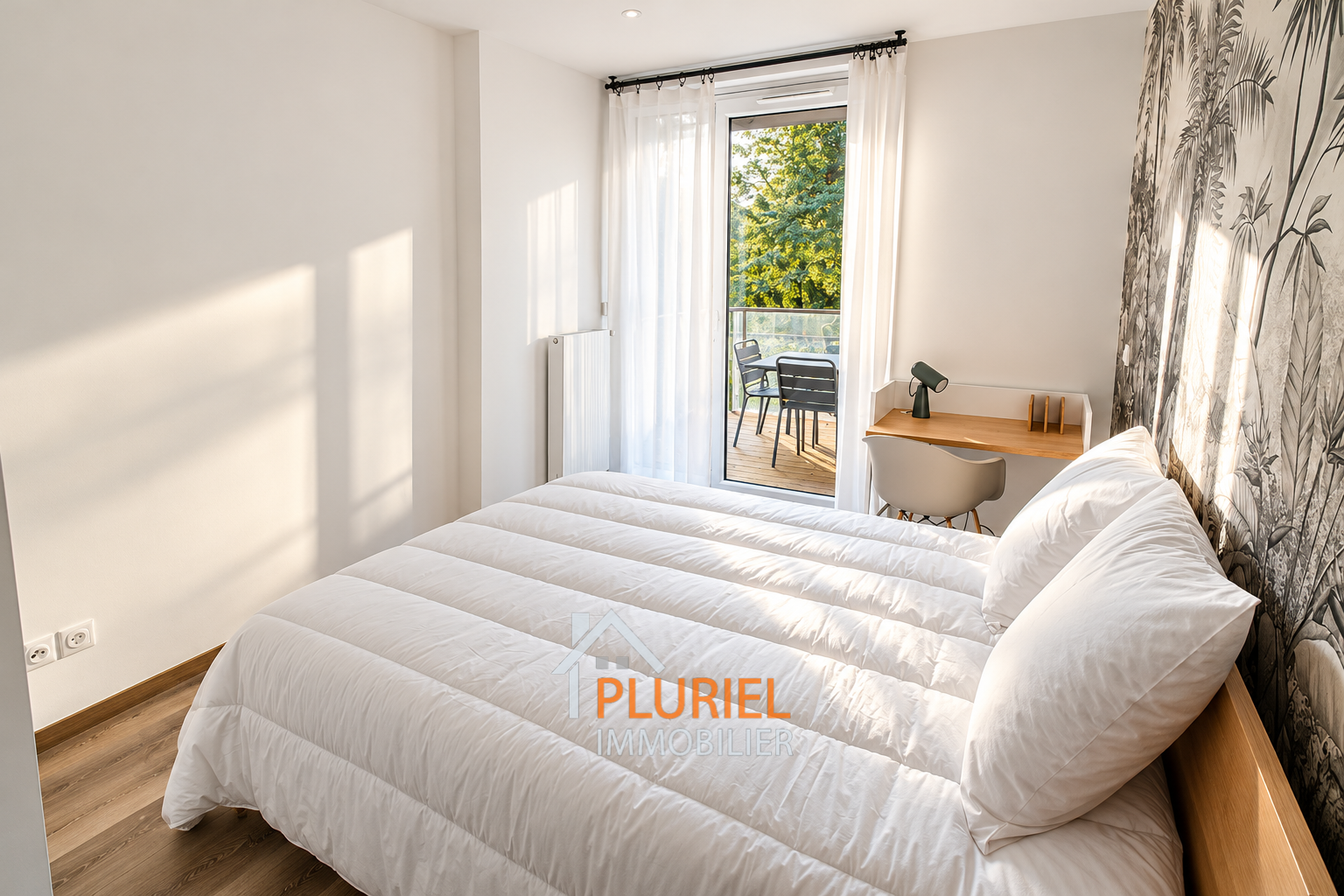 Chambre lumineuse avec mur tropical