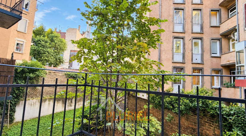 Cour intérieure verdoyante depuis un balcon