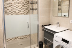 Salle de bains moderne avec douche et lave-linge