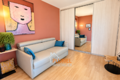 Salon contemporain rose terracotta avec miroir