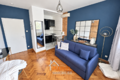 Salon moderne bleu et parquet chaleureux