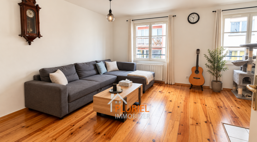 Salon moderne chaleureux avec guitare et chat tree
