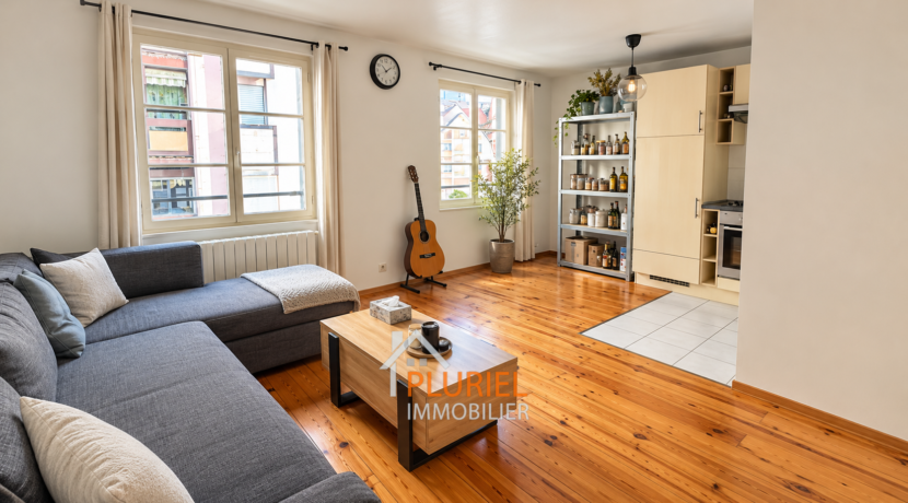 Salon scandinave chaleureux avec cuisine ouverte