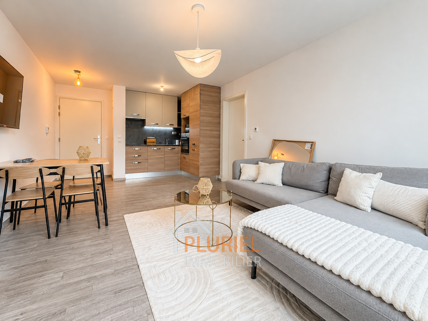 Salon scandinave chaleureux avec cuisine ouverte