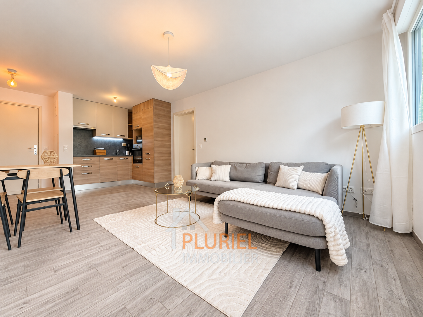 Salon scandinave lumineux et chaleureux